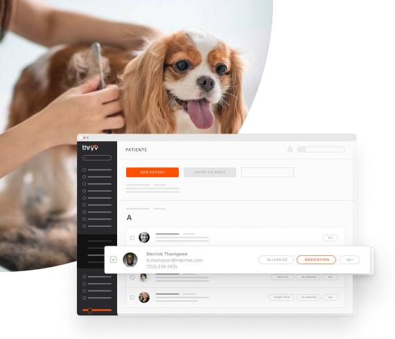 Cute Cavalier Dog Getting Brushed by a Groomer with a Snapshot of Thryv's CRM for Pet Groomers