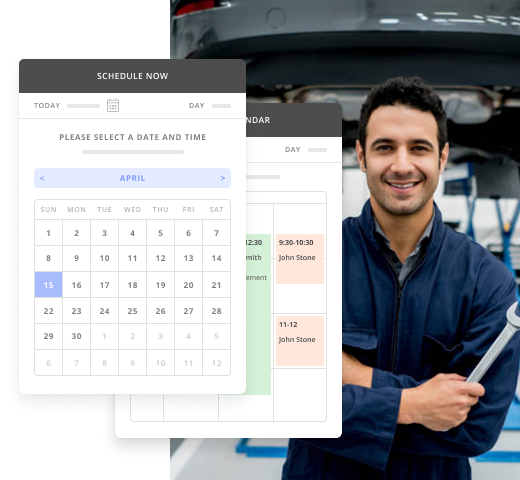 Male Mechanic Holding a Wrench With a Screenshot of His Thryv Appointment Scheduling Calendar