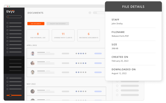 Thryv's Secure Document Storage Tool with a Snapshot of the Dashboard Plus a View of the File Details at a Glance