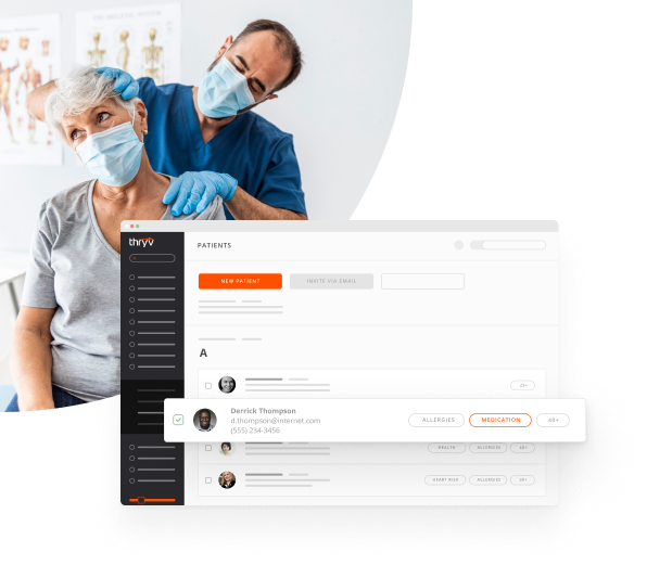 Male Chiropractor Adjusting a Woman's Neck with a Screenshot of Thryv's CRM Patient Portal