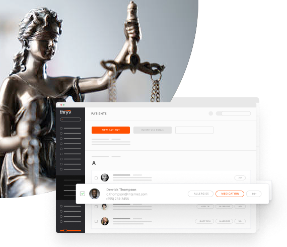 Lady Justice Statue with a Snapshot of Thryv's Client CRM Portal for Law Firms