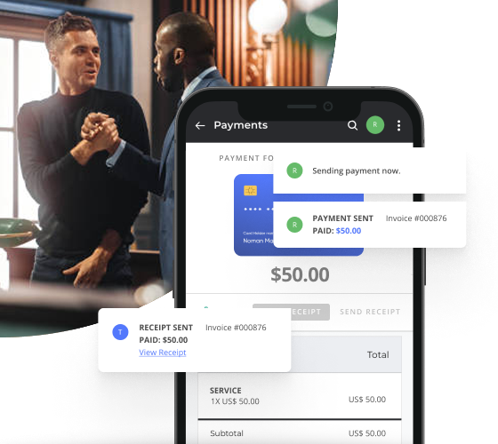 Two Men Shaking Hands with an Image of a Business Transaction on a Cellphone Using Thryv's Invoicing Software
