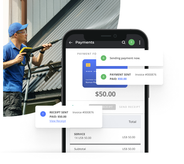 Man Pressure Washing a Roof with an Image of a Completed Invoice on a Cellphone Using Thryv's Invoicing Software