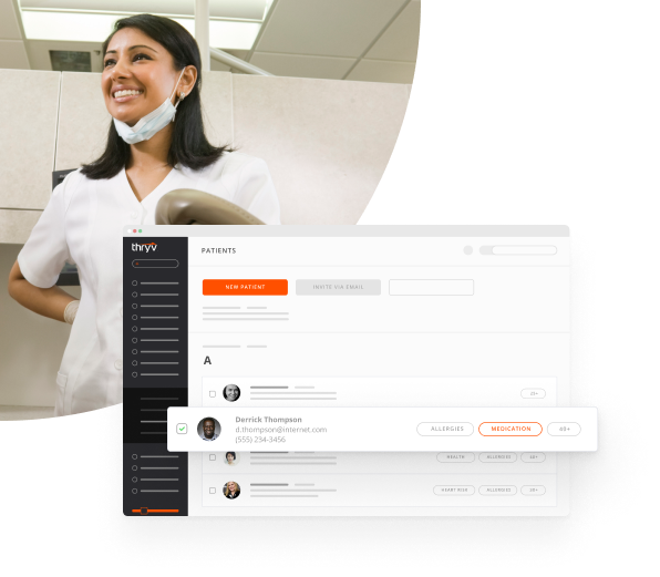 Dentist in Her Office Smiling at a Patient with a Screenshot of Thryv's CRM for Dentists