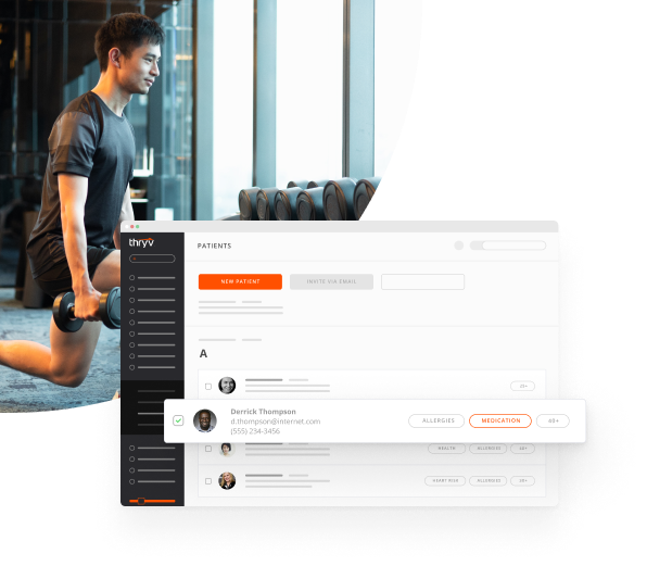 Man Performing a Forward Lunge with a Snapshot of Thryv's CRM for Fitness Studios