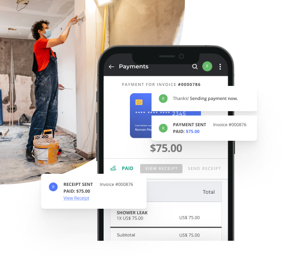 Home Improvement Contractor Spackling a Wall with a Snapshot of Invoice Software from Thryv and a Paid Invoice