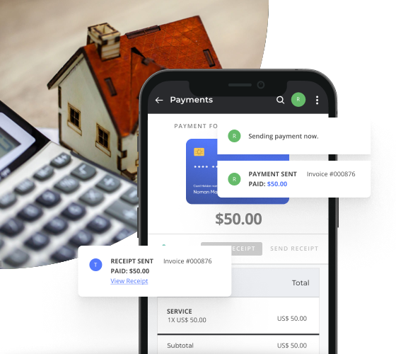 Image of a Small Home and a Calculator Behind a Snapshot of Thryv's Invoicing Software for Insurance Agencies
