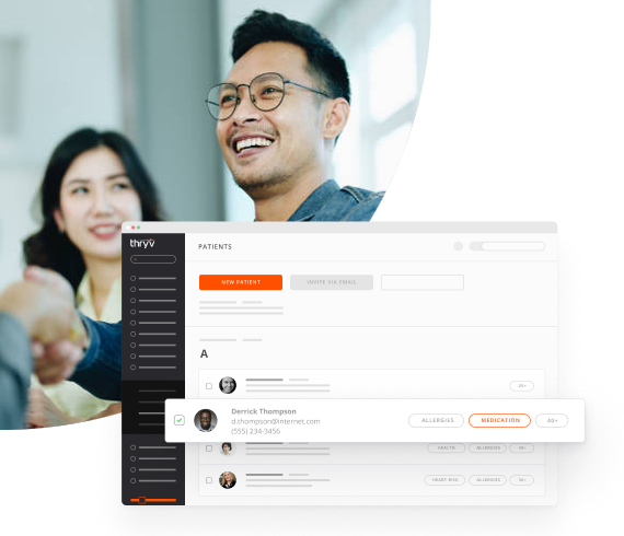 Lawyer Shaking His Smiling Client's Hands with a Snapshot of Thryv's CRM for Lawyers