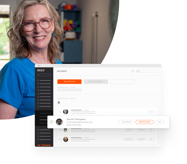 Smiling Female Doctor With Glasses in Blue Scrubs with a Snapshot of Thryv's CRM for Medical Practices