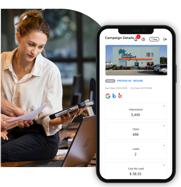 Smartphone screen showing campaign details dashboard with ad preview, impressions, clicks, leads, and cost per lead.