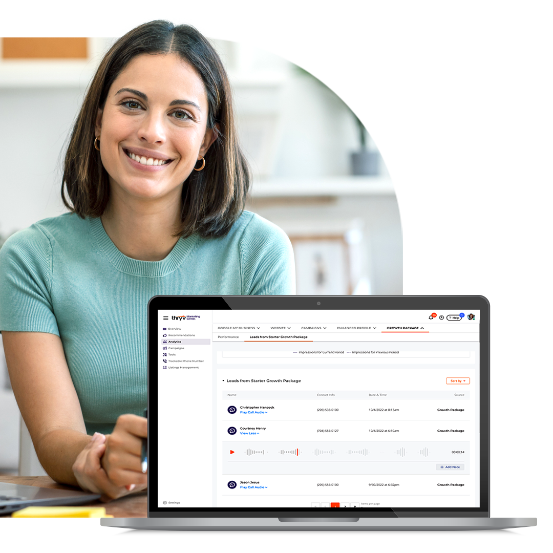 A woman smiling in front of a laptop displaying the dashboard of Thryv Marketing Center