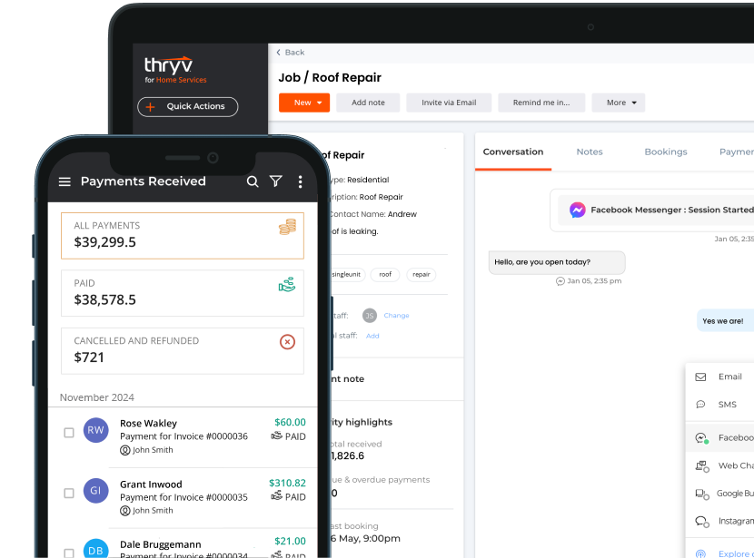 Smartphone and laptop displaying Thryv dashboard with job details for roof repair, payment history, and customer conversation tools.