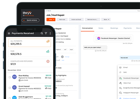 Smartphone and laptop displaying Thryv dashboard with job details for roof repair, payment history, and customer conversation tools.