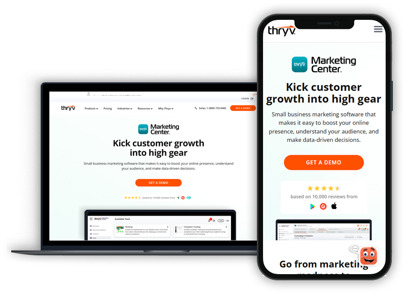 A laptop and phone displaying the webpage for Thryv's Marketing Center.