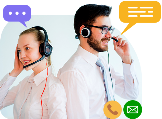 A man and a woman wearing headset working in customer services with chat icons sourrounds them.