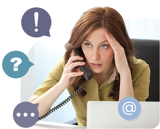 A woman on the phone there her hand on her head with a look of frustration.