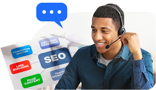 A man with a headset working in customer service smiling while talking to a client