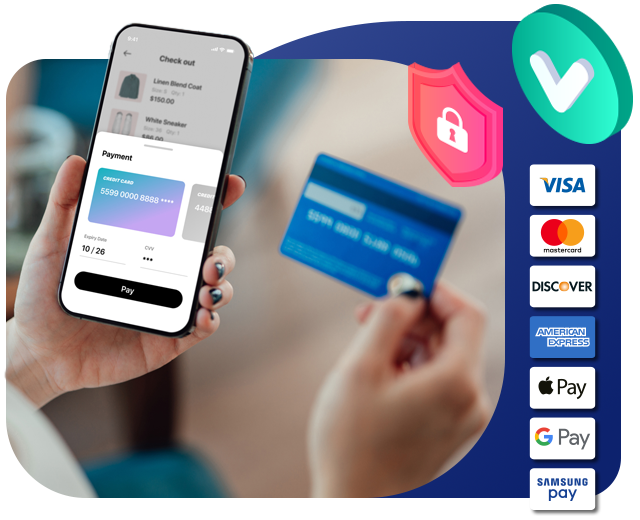ThryvPay mobile payment interface with credit card form, security shield, and payment method logos.