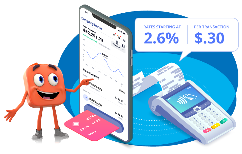 Illustration of ThryvPay mobile dashboard showing account balance and recent activity, next to a credit card terminal and a speech bubble reading ‘Rates starting at 2.6% per transaction + $0.30’