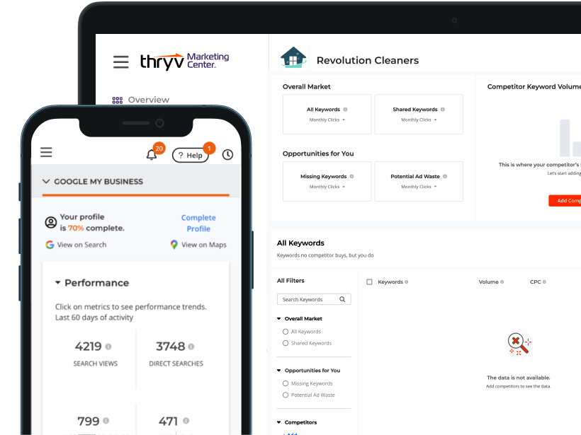 Thryv's marketing center dashboarding displayed on mobile and tablet