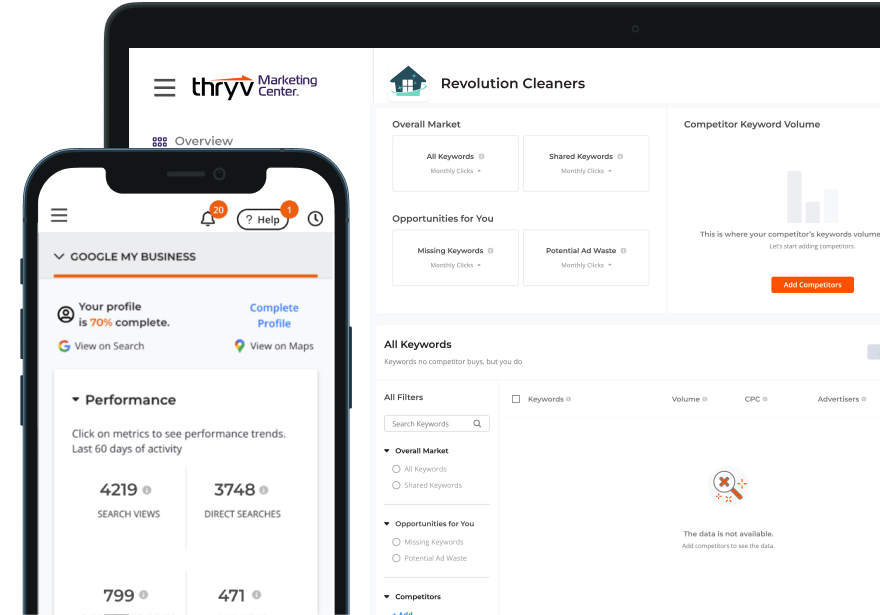 Thryv's marketing center dashboarding displayed on mobile and tablet