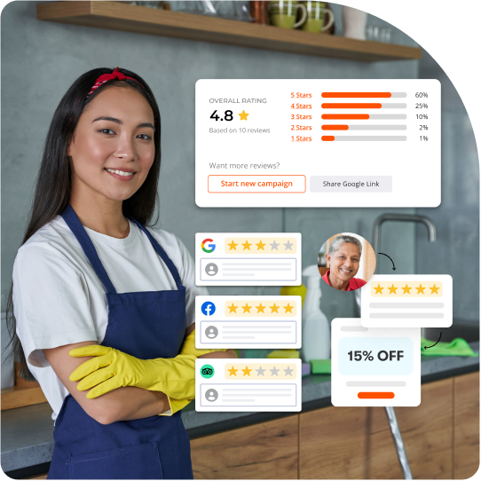 Cleaning professional wearing gloves and apron standing in a kitchen with review ratings, campaign options, and discount offer graphics displayed.