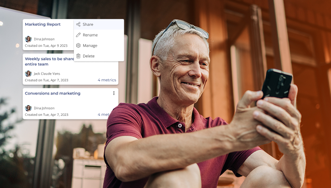 Man sitting outdoors looking at his phone, with Thryv report management cards overlaid showing marketing reports, metrics, and options to share or manage them.