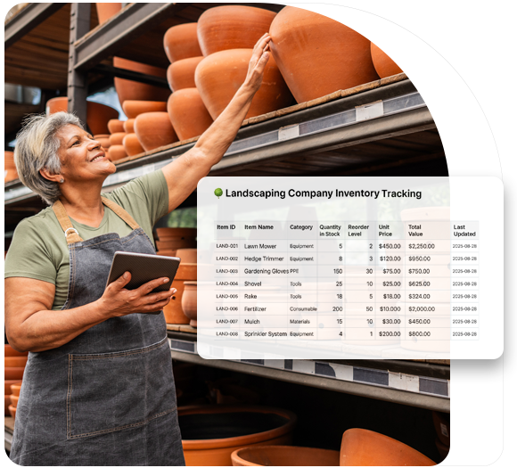 Female landscaping business owner surrounded by planters using a tablet with a free inventory tracking spreadsheet tool
