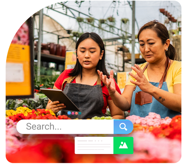 Two female landscapers chatting by flowers with a tablet and a search bar illustration in the foreground