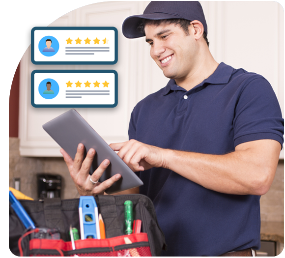 A male electrician holding a tablet checking out his customer reviews with his toolkit in the foreground