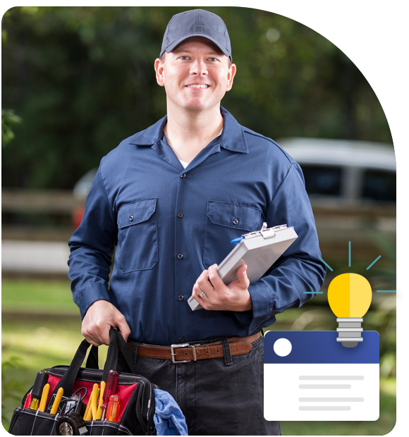 A male electrician holding his toolkit and a clipboard while smiling 