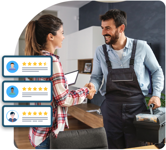 An HVAC technician shaking a customer's hand with an illustration of customer reviews in the foreground