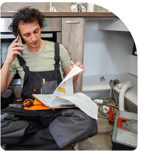 Male plumber on the phone sifting through a clipboard with notes for a faucet installaton job