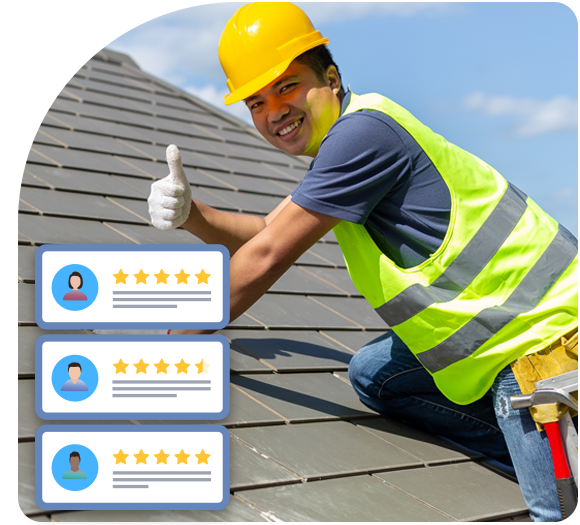 Male roofer with a yellow hard hat and a neon yellow safety vest giving a thumbs up