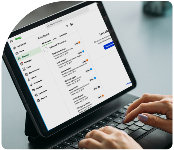 Tablet showing a job filter within the 'Clients' section of the Thryv small business management platform