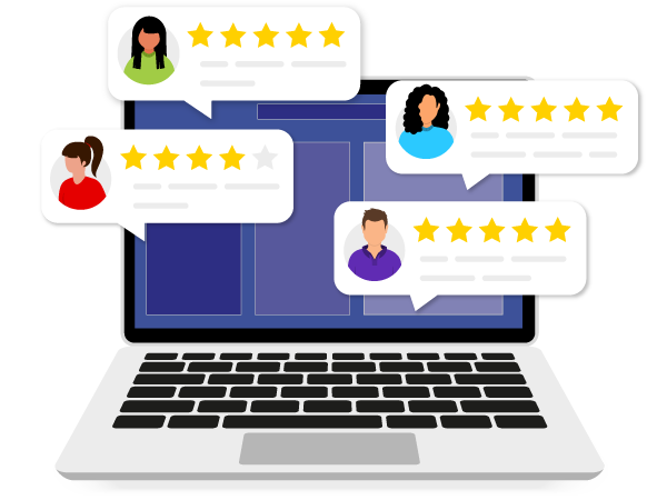 Laptop screen with illustrated customer review pop-ups showing star ratings and feedback.