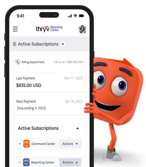 Mobile phone showing Thryv Reporting Center dashboard with active subscriptions and payment details, next to Thryver.