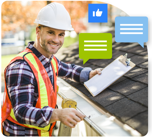 Male roofer with a yellow hard hat and safety vest on a ladder smiling with a clipboard