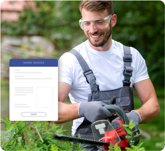 Male landscaper using a chainsaw to trim overgrowth with an illustration of an invoice in the foreground