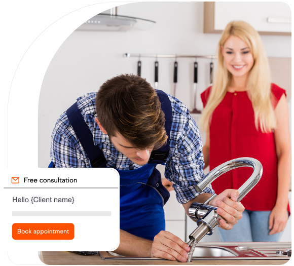 Male plumber working on a kitchen faucet with an illustration of a free consultation in the foreground