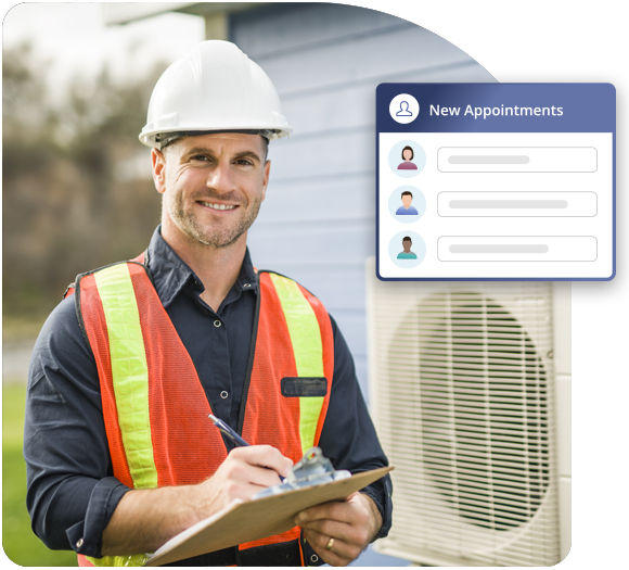 HVAC pro in a hard hat smiling at the camera holding a clipboard with an illustrated new appointment image