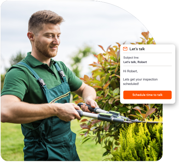 Male landscaper using hedge clippers to trim overgrowth with an illustration of an email in the foreground