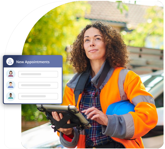Female plumber in an orange safety jacket holding a tablet reviewing upcoming appointments