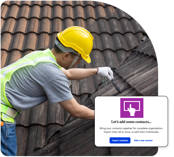 A male roofer in safety gear on a ladder on a roof with an illustration of adding a new contact to a CRM