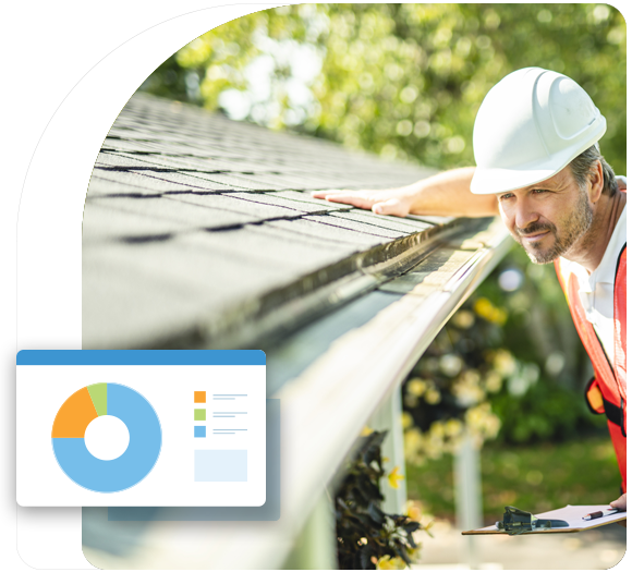 A male roofer holding a clipboard, inspecting a roof with an illustration of a pie chart in the foreground