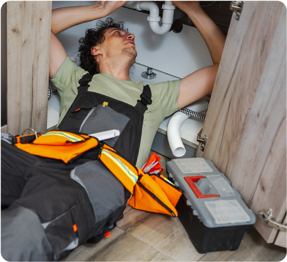 Male plumber under a sink with his toolkit and a safety apron on