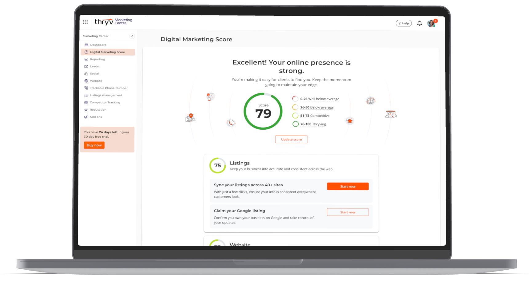 Thryv's marketing center dashboarding displayed on mobile and tablet