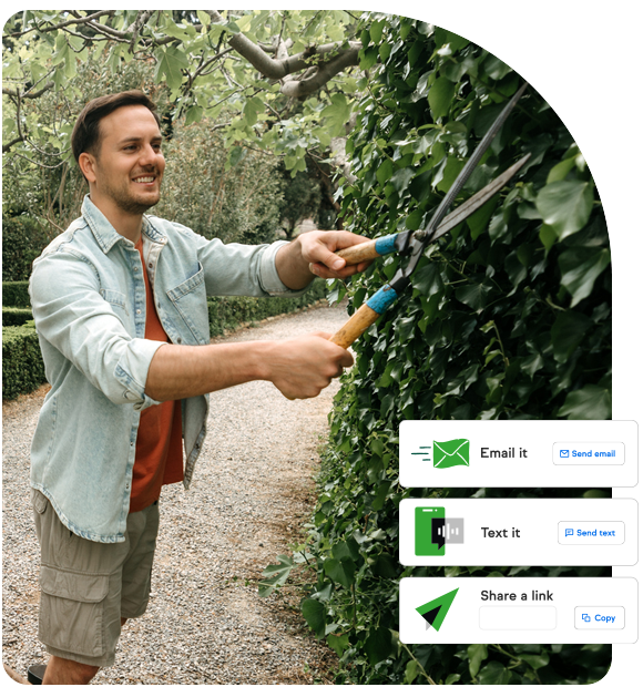 Male landscaper trimming with clippers and an illustration of email and text reminders in the foreground