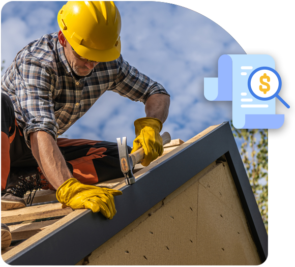 Male roofer drilling a nail into a roof with a small illustration of an invoice in the foreground