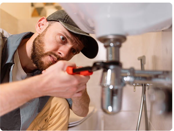 Plumber holding a large wrench in a residential bathroom, highlighting a focus on customer satisfaction
